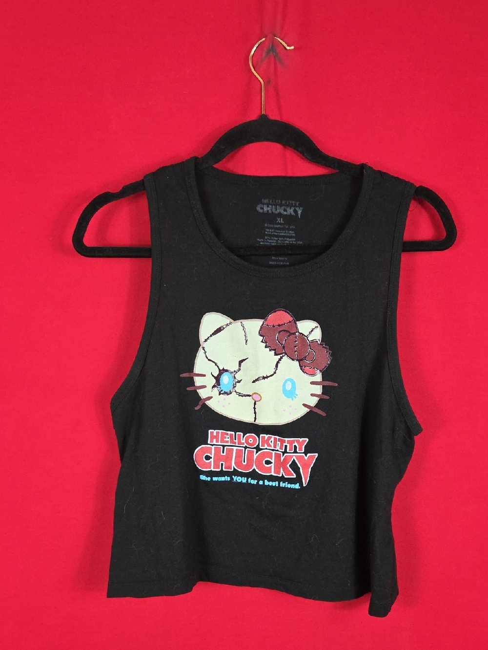 HELLO KITTY CHUCKY Cropped Tank Top Black Womens Size XL Horror